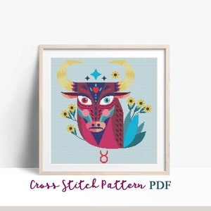 Tauro. Signo del zodiaco. Patrón de punto de cruz moderno. Cuadro de punto de cruz contado. Bordado del horóscopo. Astrología, signo de nacimiento. Descarga instantánea en PDF