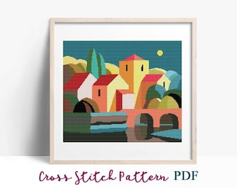 Abstract Colorful Buildings Cross Stitch Pattern, Nature Modern x-stitch Pattern, Cross Stitch Chart, Ornament Pattern, Instant Download PDF