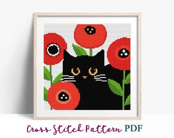 Cross Stitch Pattern, Black cat with red poppies, Modern x-stitch Pattern, Cross Stitch Chart, Cat Lover Gift Pattern, Instant Download PDF