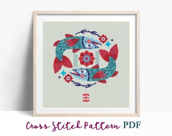 Pisces. Zodiac sign. Modern Cross Stitch Pattern. Counted cross stitch chart. Folk embroidery. Astrology, birth sign. Instant download PDF