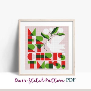 Merry Christmas Cross Stitch Pattern, Dove, Modern x-stitch Pattern, Cross Stitch Chart, Geometric Text Pattern, Gift, Instant Download PDF