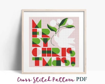 Merry Christmas Cross Stitch Pattern, Dove, Modern x-stitch Pattern, Cross Stitch Chart, Geometric Text Pattern, Gift, Instant Download PDF