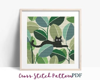 Black cat in green leaves Cross Stitch Pattern, Modern x-stitch Pattern, Cross Stitch Chart, Cat Lover Gift Pattern, Instant Download PDF