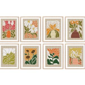 Set of 8 Modern Flowers Cross stitch patterns, Abstract nature cross stitch, Plant, Easy counted cross stitch chart. Instant download PDF image 1