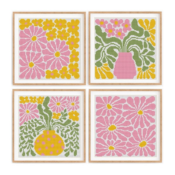 Set of 4 Modern Boho Cross stitch patterns, Abstract nature cross stitch, Plant, Sun, Small counted cross stitch chart. Instant download PDF