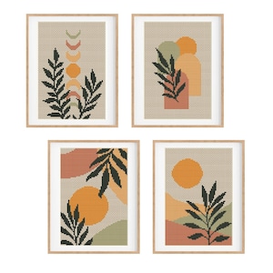 Set of 4 Modern Boho Cross stitch patterns, Abstract nature cross stitch, Plant, Sun, Small counted cross stitch chart. Instant download PDF