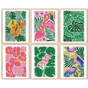 Set van 6 moderne bloemen kruissteekpatronen, abstracte natuur kruissteek, plant, eenvoudig te tellen kruissteekkaart. Pdf direct downloaden