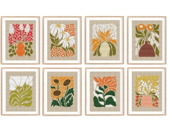 Set of 8 Modern Flowers Cross stitch patterns, Abstract nature cross stitch, Plant, Easy counted cross stitch chart. Instant download PDF