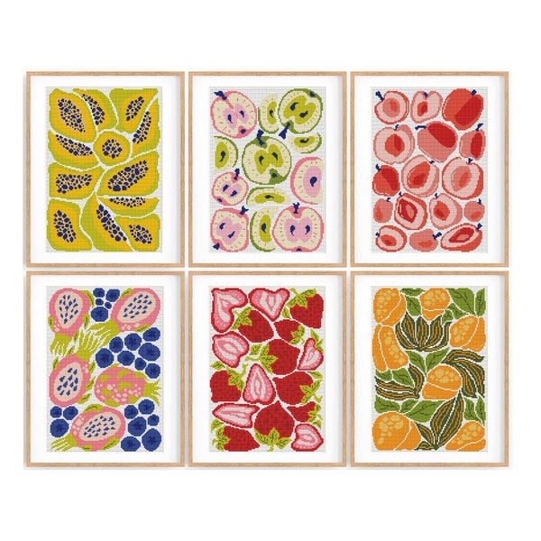 Set of 6 Modern Fruit Cross stitch patterns, Abstract nature cross stitch, Vegetable counted cross stitch chart. Instant download PDF