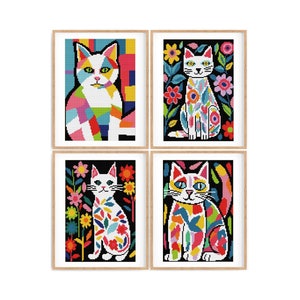 Set van 4 kruissteekpatroon kat abstracte, moderne x-stitch patroon, kruissteekkaart, kitten minnaar cadeau patroon, instant download pdf