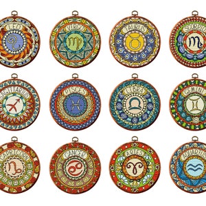 Set of 12 Zodiac sign cross stitch pattern. Astrological sign embroidery. Zodiac symbol. Mandala counted cross-stitch. Instant download PDF.