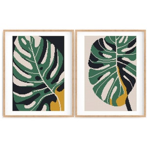 Set of 2 Modern Monstera Cross stitch patterns, Abstract nature cross stitch, Plant, Easy counted cross stitch chart. Instant download PDF