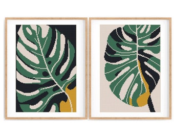 Set of 2 Modern Monstera Cross stitch patterns, Abstract nature cross stitch, Plant, Easy counted cross stitch chart. Instant download PDF