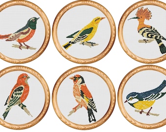 Set of 6 Bird Cross Stitch Patterns, Modern Nature Ornithology (PDF Download)
