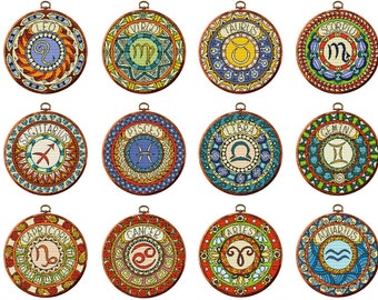 Set of 12 Zodiac sign cross stitch pattern. Astrological sign embroidery. Zodiac symbol. Mandala counted cross-stitch. Instant download PDF.