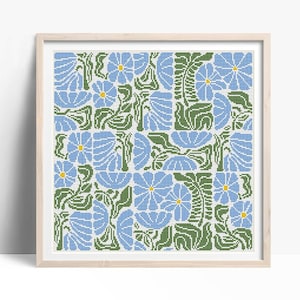 Kruissteekpatroon modern bloemen abstract, blauwe bloemen, x-stitch patroon, kruissteektabel, natuurpatroon, instant download pdf