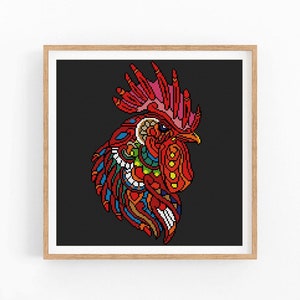 May include: A colorful rooster head with intricate patterns in shades of red, orange, yellow, green, blue, and white against a black background.