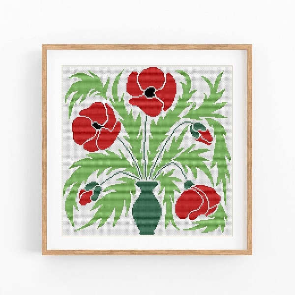 Cross Stitch Pattern Modern Floral Abstract, Poppy flowers, x-stitch Pattern, Cross Stitch Chart, Nature Pattern, Instant Download PDF