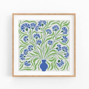 May include: A cross-stitch pattern of a blue and green floral arrangement in a blue vase. The flowers are stylized and resemble cornflowers.