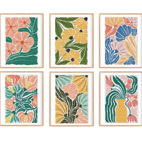 Set of 6 Modern Flowers Cross stitch patterns, Abstract nature cross stitch, Plant, Easy counted cross stitch chart. Instant download PDF