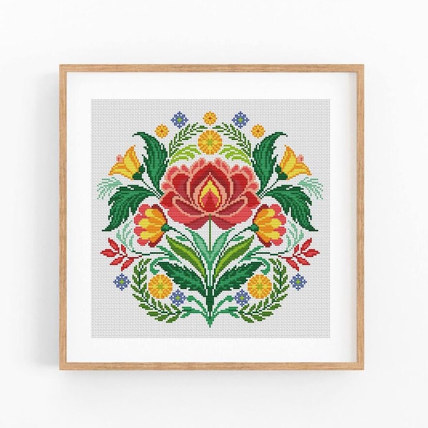 Folk Flowers Cross Stitch Pattern, AI-Free, Hand Charted. Modern Counted Chart. Nature embroidery. Cushion x-stitch. Instant download PDF