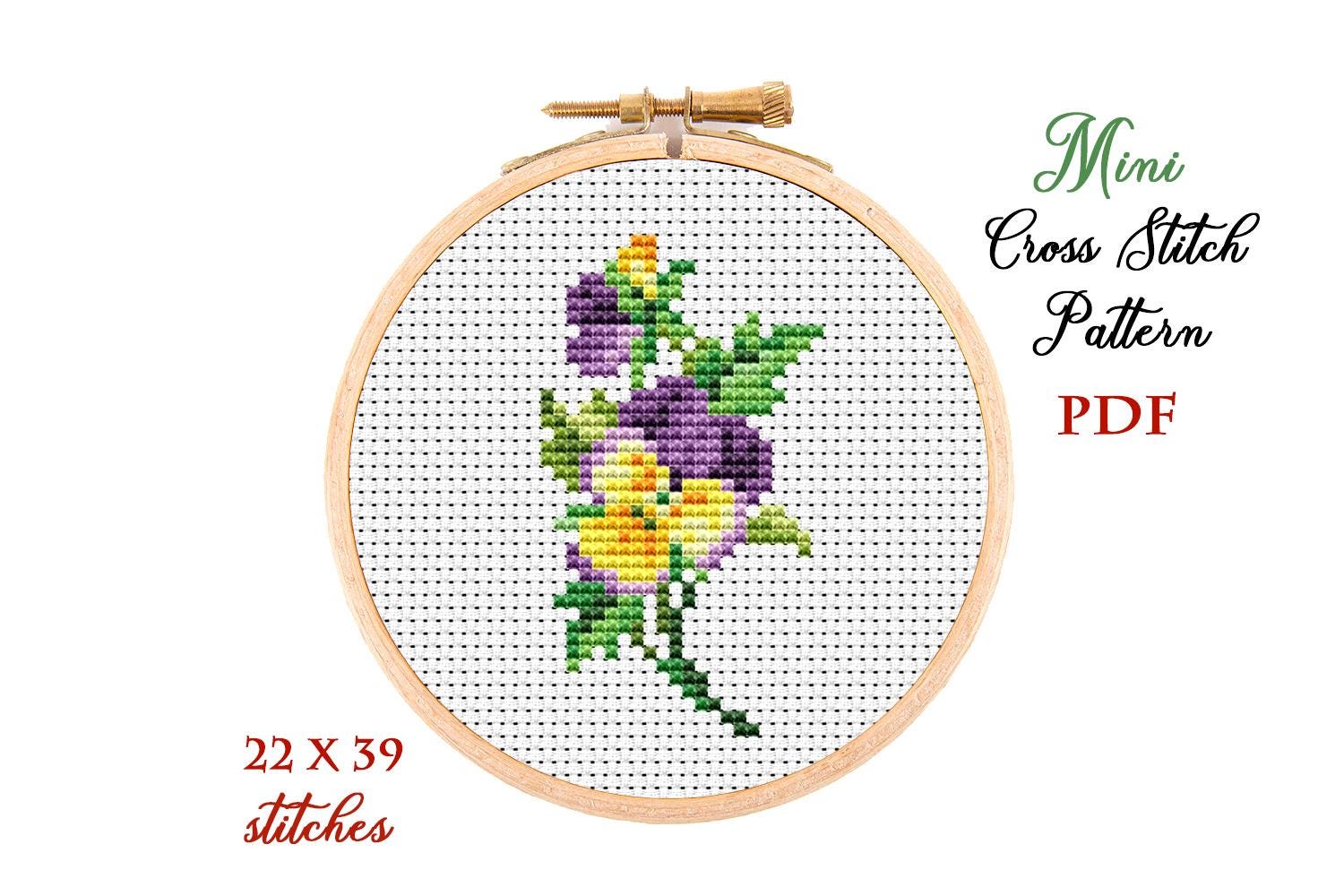 Mini Cross Stitch Pattern. Pansy. Counted cross stitch chart. Flower hoop art embroidery. Tiny xstitch for beginner. Instant download PDF