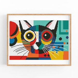 Kruissteekpatroon, abstracte kat, bloemen, levendig modern x-stitchpatroon, kruissteektabel, cadeaupatroon kattenliefhebber, instant download pdf