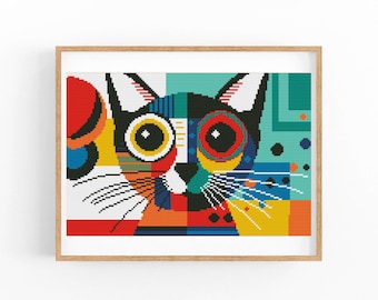 Abstract Cat Cross Stitch Pattern, Modern Geometric Pop Art, Instant Download PDF Chart