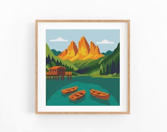 Lago di Braies, Italy Cross Stitch Pattern: Seascape Chart (PDF Download)