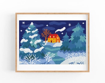 Christmas Landscape Cross Stitch Pattern, Merry Christmas Modern x-stitch Pattern, Winter Town, City, X-Stitch Chart, Instant Download PDF
