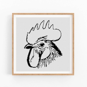 Padrão de ponto cruz de galo abstrato moderno, gráfico de ponto x de galo e galinha monocromático, uma cor, padrão de natureza de fazenda, download instantâneo em PDF