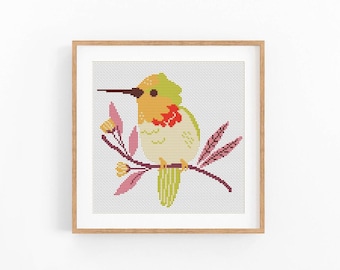 Cross stitch pattern bird. Modern bird on branch counted cross stitch chart. Nature birds embroidery. Small x-stitch. Instant download PDF.