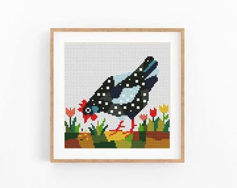 Abstract Chicken Cross Stitch Pattern, Black Polka Dot Bird PDF, Floral Garden Chart, Instant Download