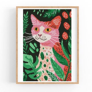 Kruissteekpatroon, abstracte kat, bloemen, levendig modern x-stitchpatroon, kruissteektabel, cadeaupatroon kattenliefhebber, instant download pdf