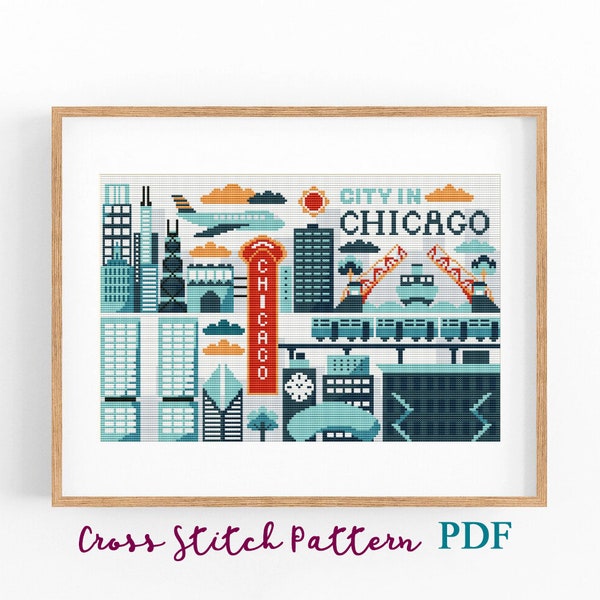 Chicago kruissteekpatroon. Moderne reisposter voor de VS. Getelde kruissteektabel. Concept stadsgezicht. Pdf direct downloaden.