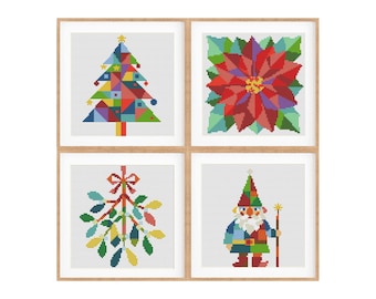 Christmas Cross Stitch Pattern Set of 4, Modern Holiday X-Stitch Bundle, Instant Download PDF