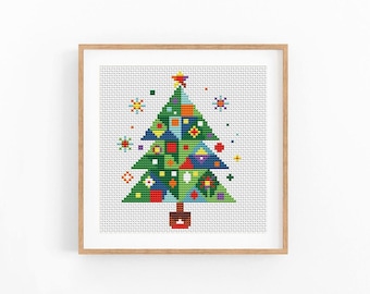 Christmas Tree Cross Stitch Pattern, Patchwork Snowflake Chart, Modern Holiday Embroidery, no AI design, Instant Download PDF
