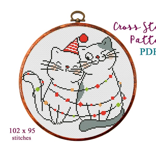 Cross stitch pattern christmas cats. Cross stitch PDF. Merry Christmas Hand Embroidery. Cat lover gift.Easy small counted cross stitch chart