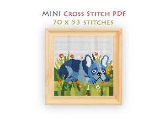 Blue French Bulldog Cross Stitch Pattern, Modern Puppy Garden Chart, Dog Lover PDF, Instant Download