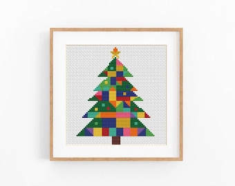 Christmas Tree Cross Stitch Pattern, Geometric Patchwork Chart, Colorful Xmas, PDF Instant Download