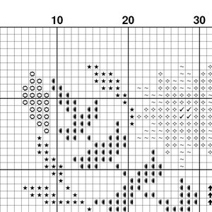 May include: Black and white cross stitch pattern with a variety of symbols including stars, circles, check marks, and arrows.