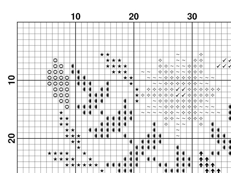 May include: Black and white cross stitch pattern with a variety of symbols including stars, circles, check marks, and arrows.