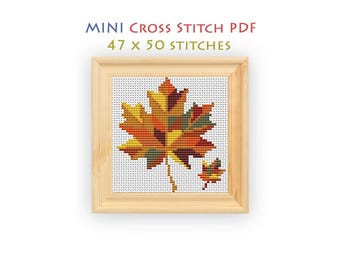 Patchwork Maple Leaf Cross Stitch Pattern, Mini Autumn Chart, Colorful Fall Quilt Block Decor, Beginner Friendly, Instant Download PDF