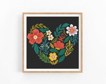 Modern cross stitch pattern Flower Heart Love, Valentines Day embroidery design, cross stitch chart, beginner xstitch, Instant download PDF.
