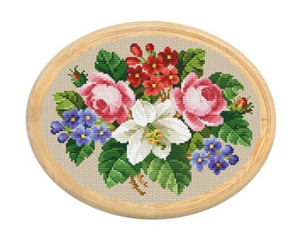 Wzór haftu krzyżykowego Vintage Flowers, antyczny wzór haftu krzyżykowego, wiktoriański kwiatowy wzór haftu krzyżykowego, haftowany kwiat, natychmiastowe pobranie pliku PDF