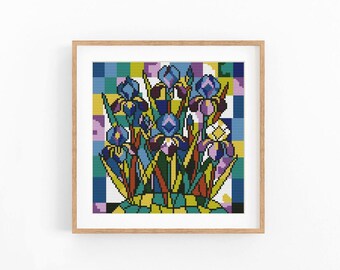 Iris Flowers Cross Stitch Pattern, Abstract Geometric Art, Instant Download PDF