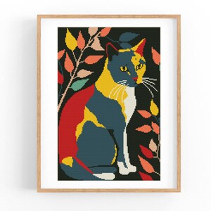 Puede incluir: Una ilustración abstracta colorida de un gato sentado en un jardín con hojas rojas, amarillas, azules y verdes. El gato está mirando hacia la derecha de la imagen.