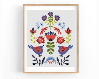 Cross stitch pattern. Scandinavian Folk Flowers, Birds Counted cross stitch chart. Nature embroidery.Cushion x-stitch.Instant download PDF.