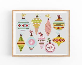 Christmas Ornaments Cross Stitch Pattern, Vintage Baubles Sampler Chart, Pastel Holiday Decor, Beginner Friendly, Instant Download PDF