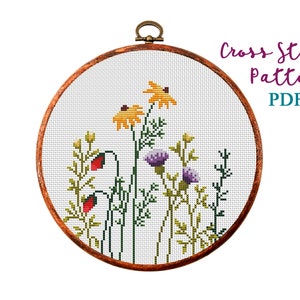 Wild flowers. Modern Cross Stitch Pattern. Counted cross stitch chart. Nature hoop art embroidery. Small xstitch. Instant download PDF